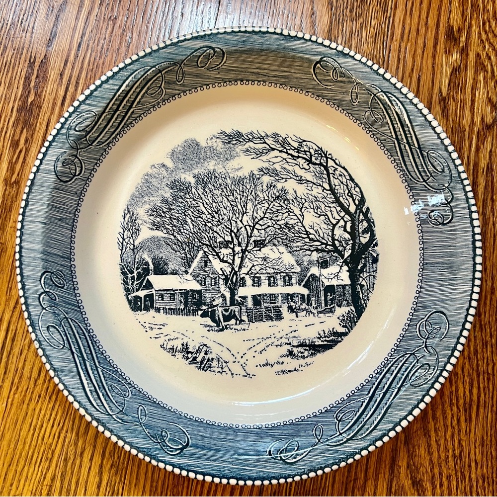 Vintage Currier & Ives Royal China Pie Plate: Blue Transferware Farmhouse Decor